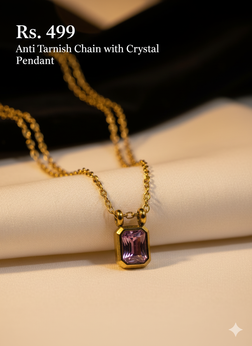 Anti tarnish chain with crystal pendant